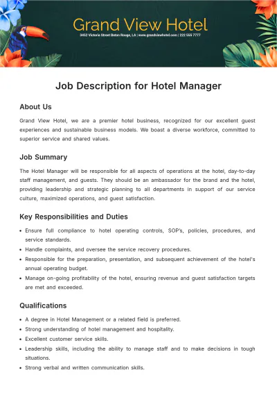 Free Job Description for Hotel Manager Template to Edit Online