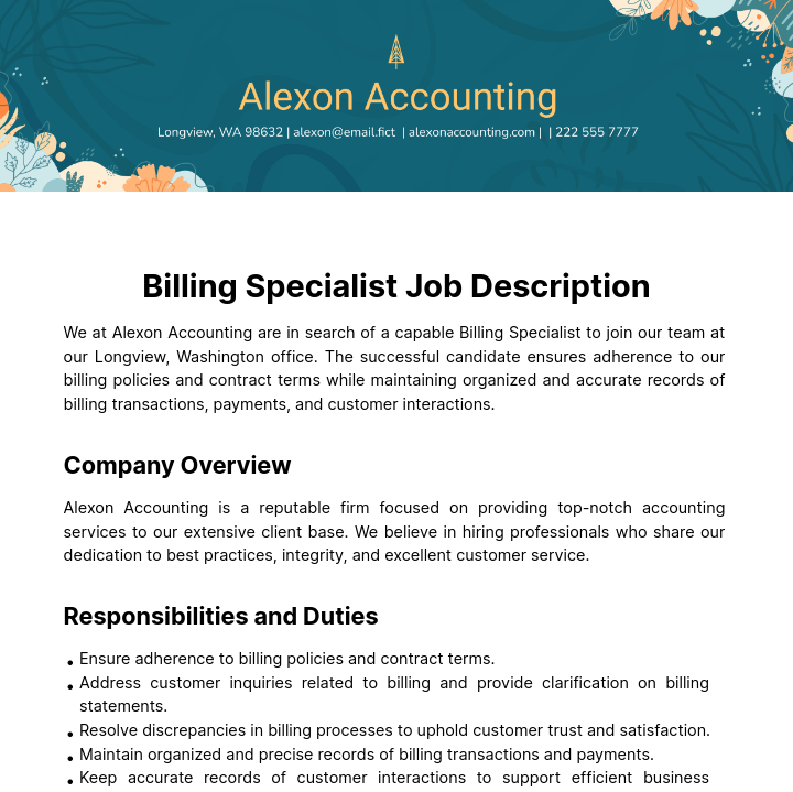 Billing Specialist Job Description Template