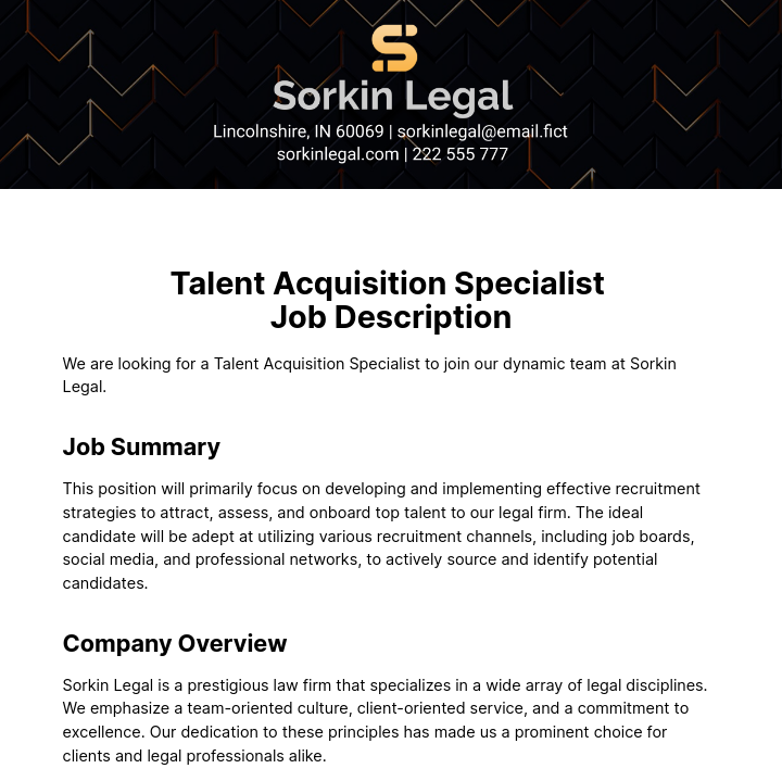 Talent Acquisition Specialist Job Description Template