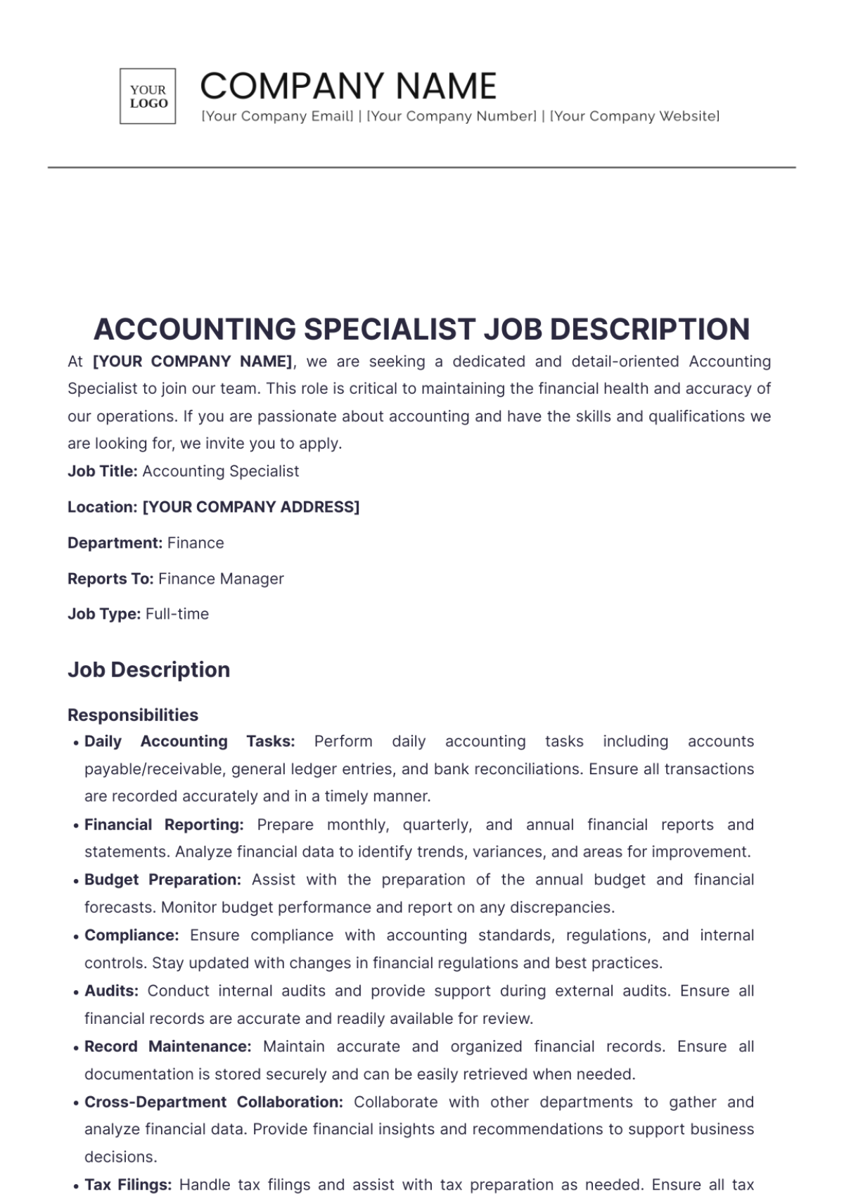 Accounting Specialist Job Description Template - Edit Online & Download