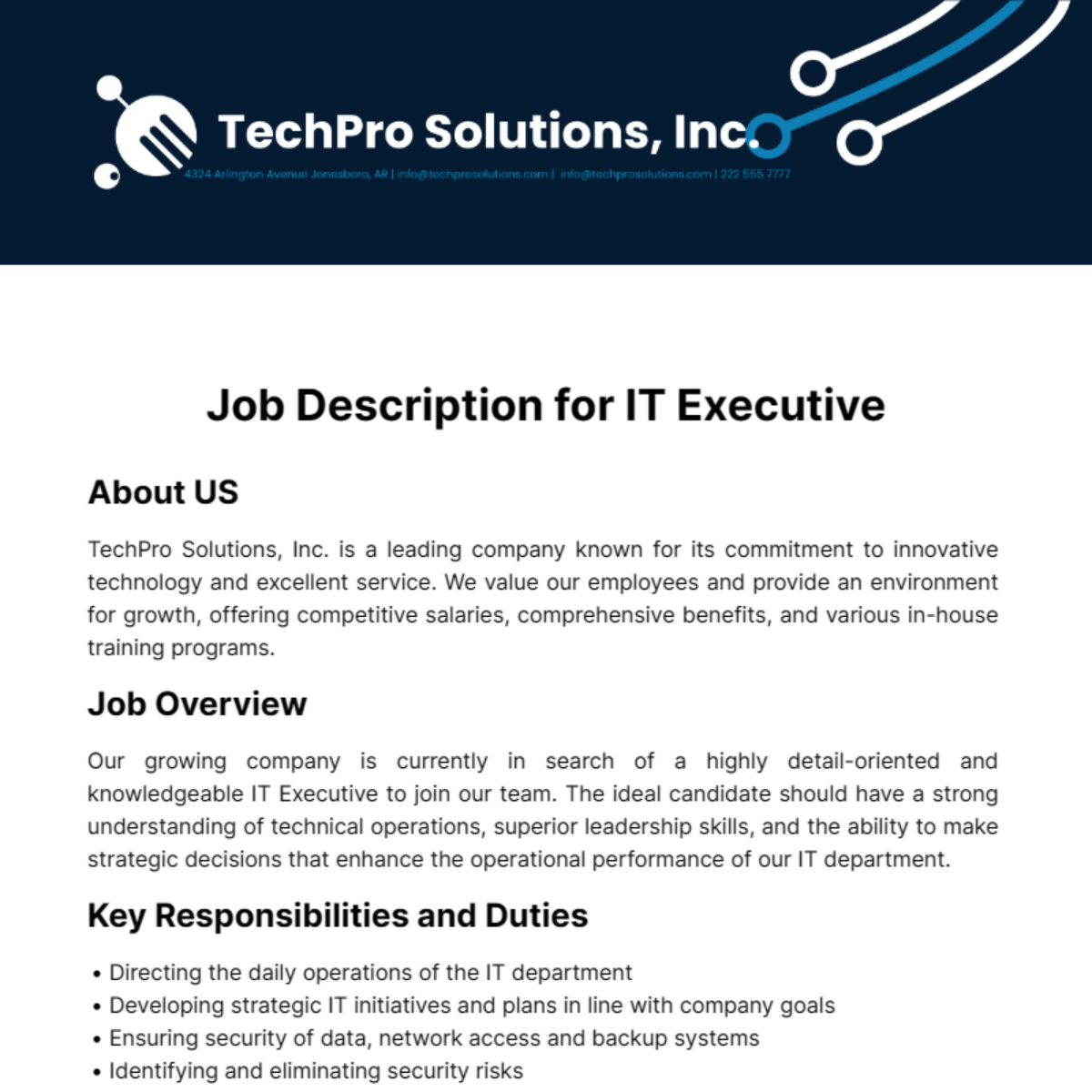 Job Description for IT Executive Template