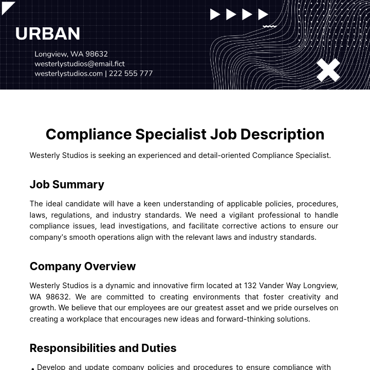 Compliance Specialist Job Description Template