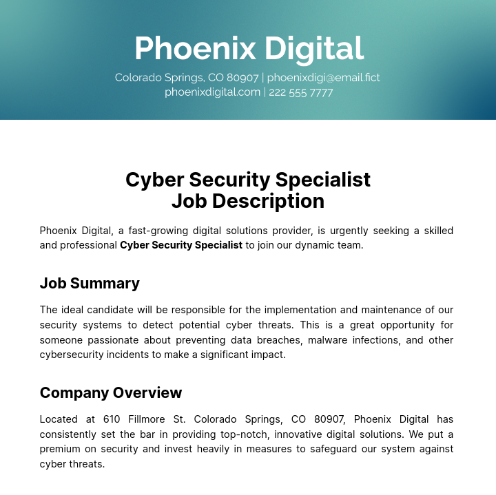 Cyber Security Specialist Job Description Template
