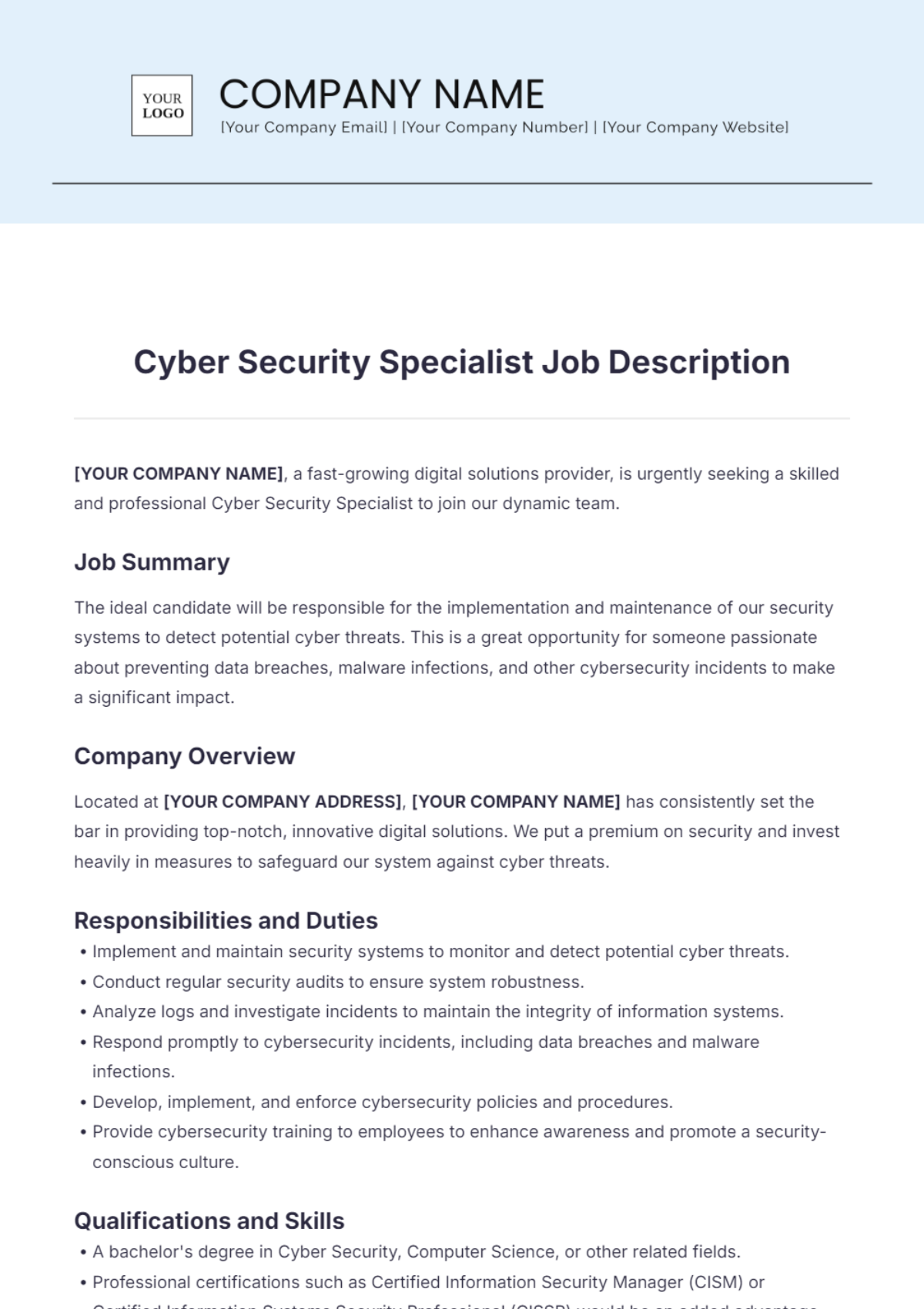 Cyber Security Specialist Job Description Format Template - Edit Online & Download