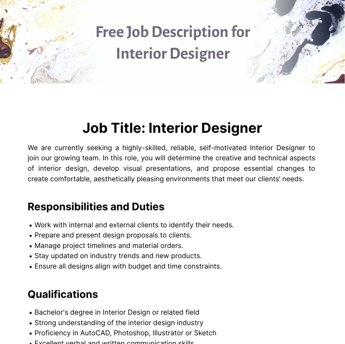 Job Description for Interior Designer Template