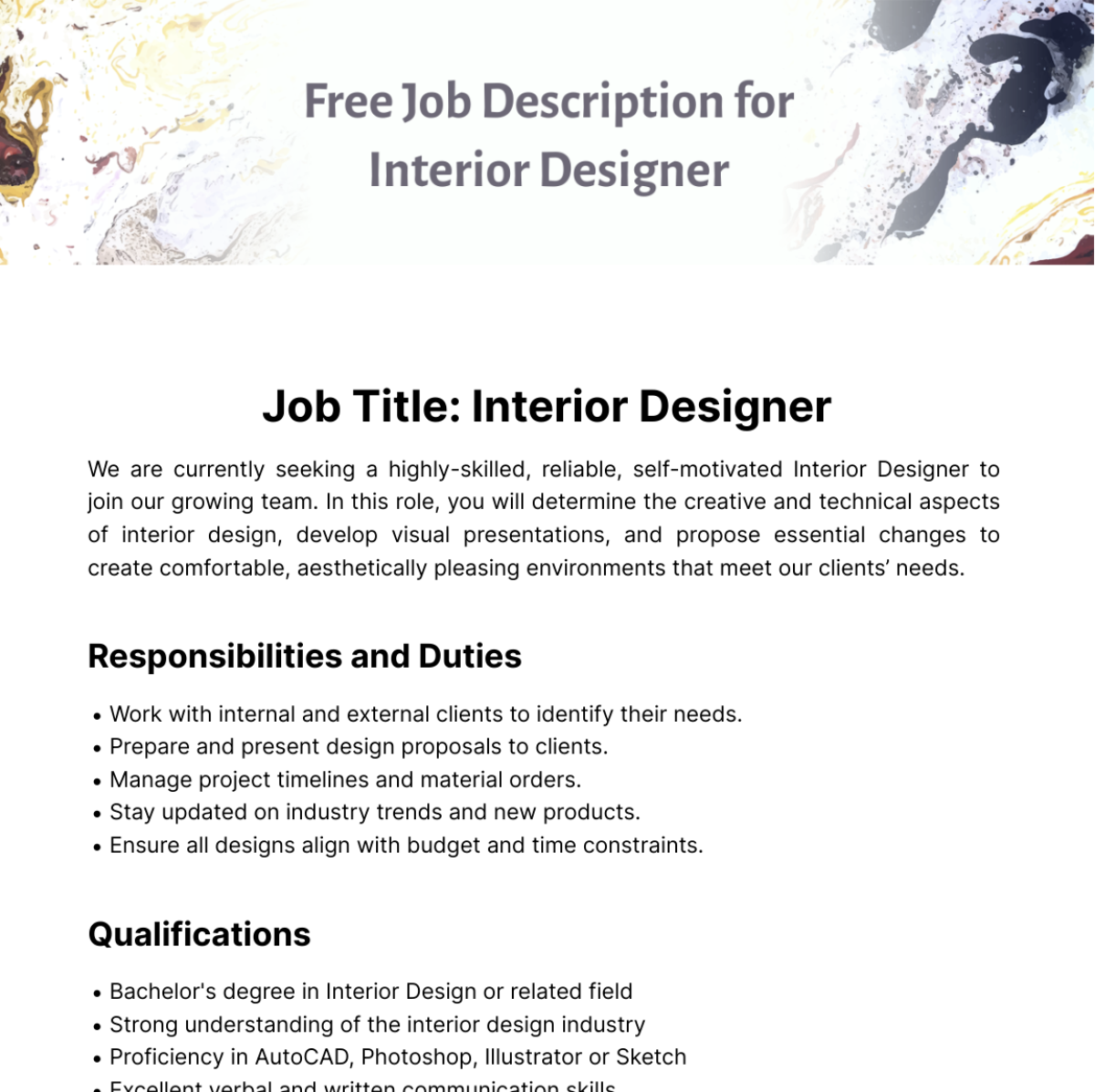 Job Description For Interior Designer Template Edit Online Download 