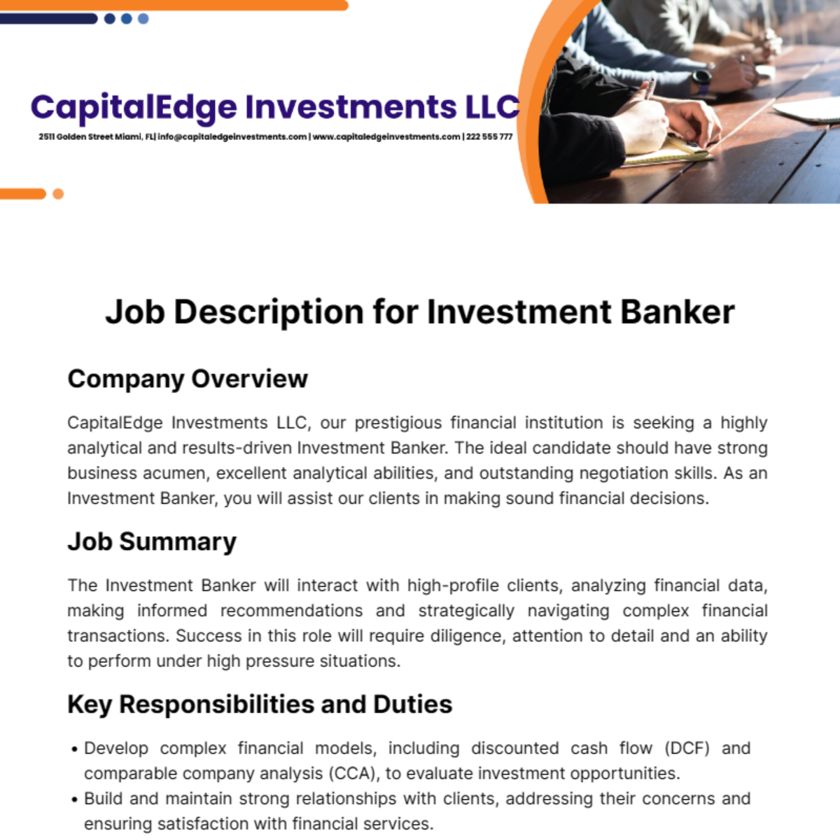 Job Description for Investment Banker Template