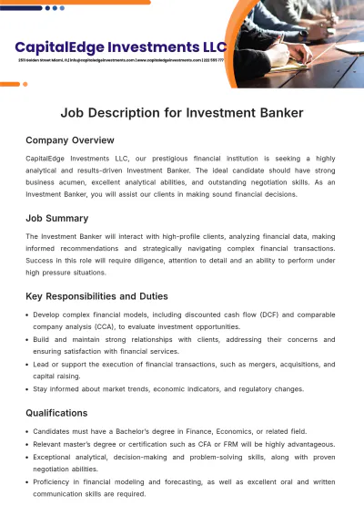 Free Job Description for Investment Banker Template to Edit Online