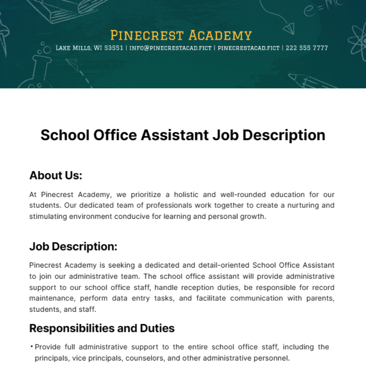 School Office Assistant Job Description Edit Online 