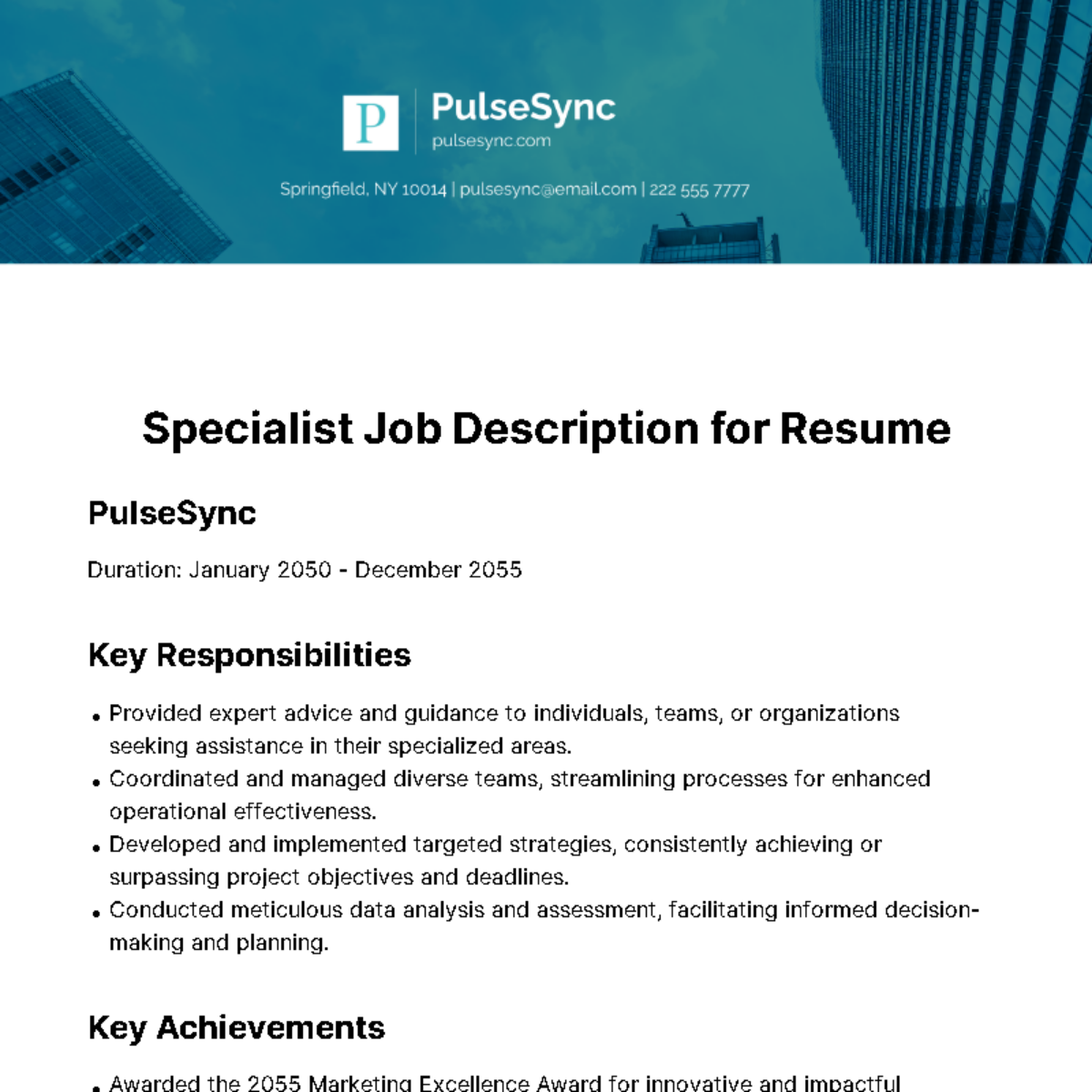 Specialist Job Description for Resume Template