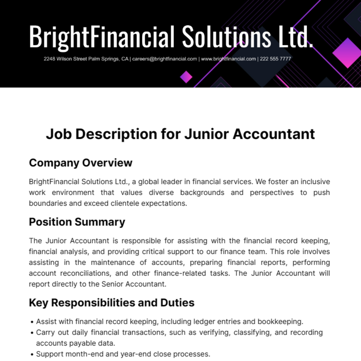 Job Description for Junior Accountant Template