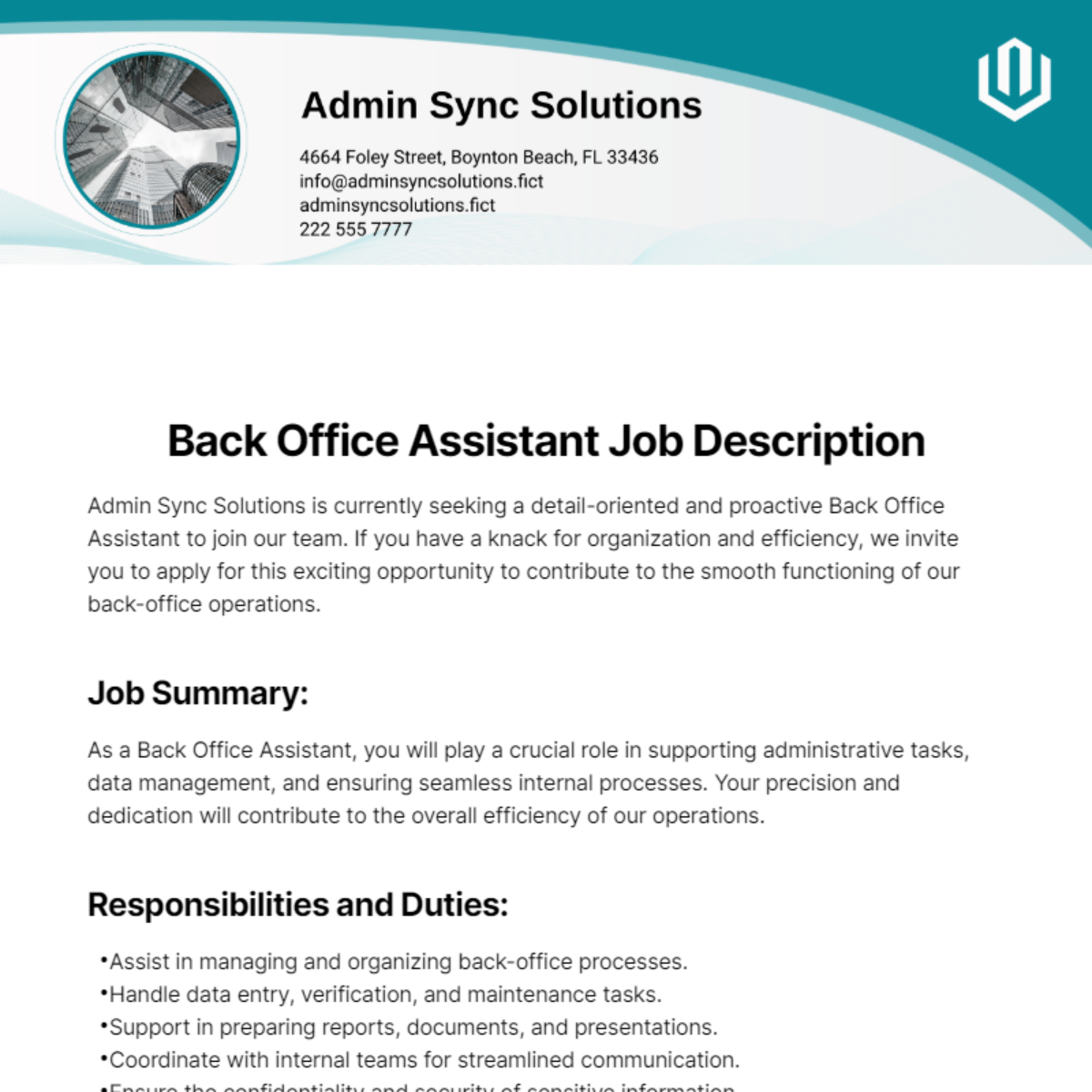 Back Office Assistant Job Description Template