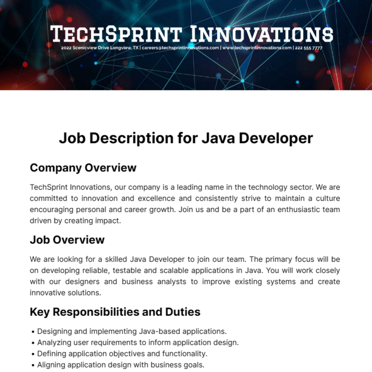 Job Description for Java Developer Template