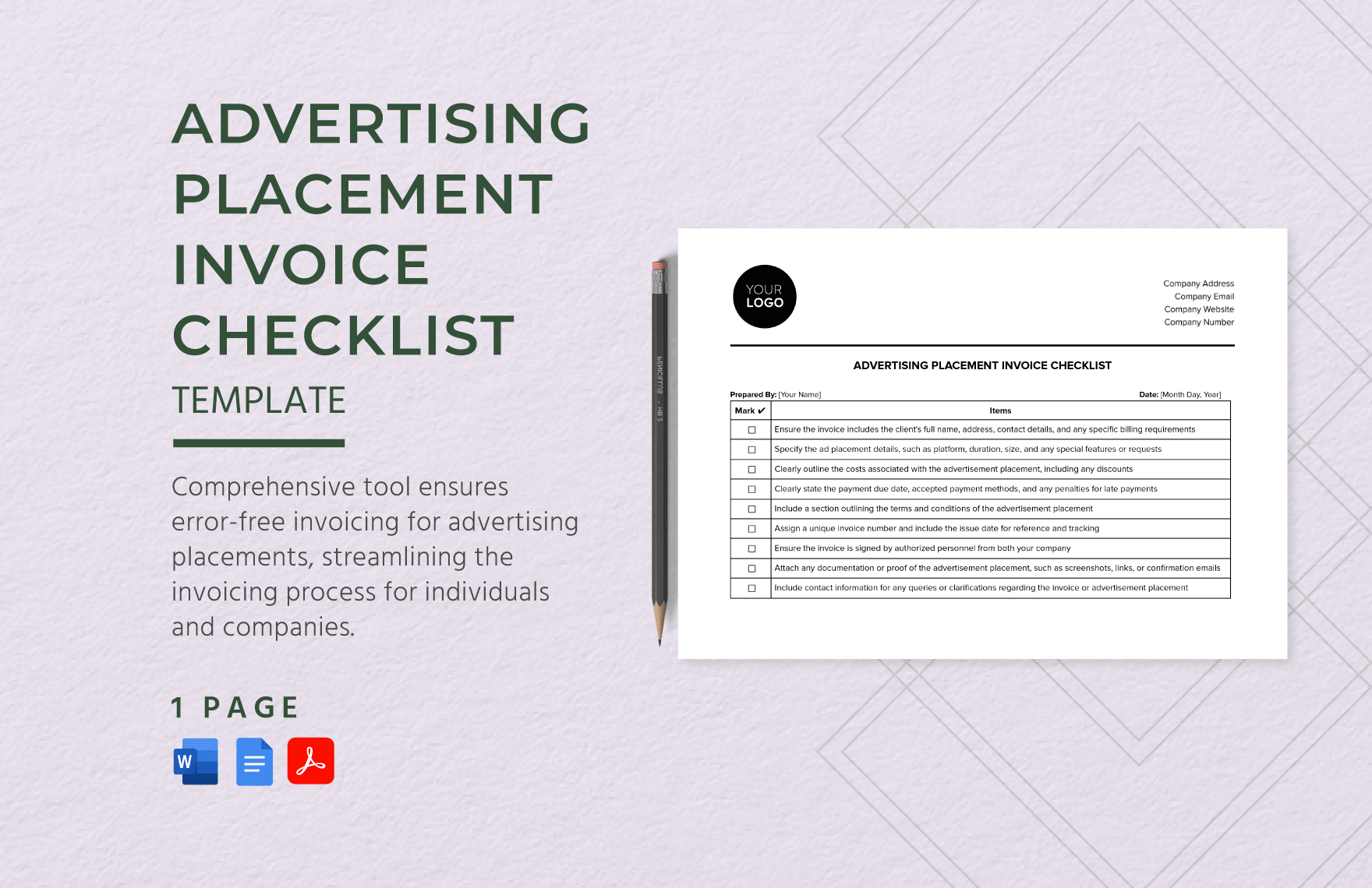 Advertising Placement Invoice Checklist Template in Word, Google Docs, PDF