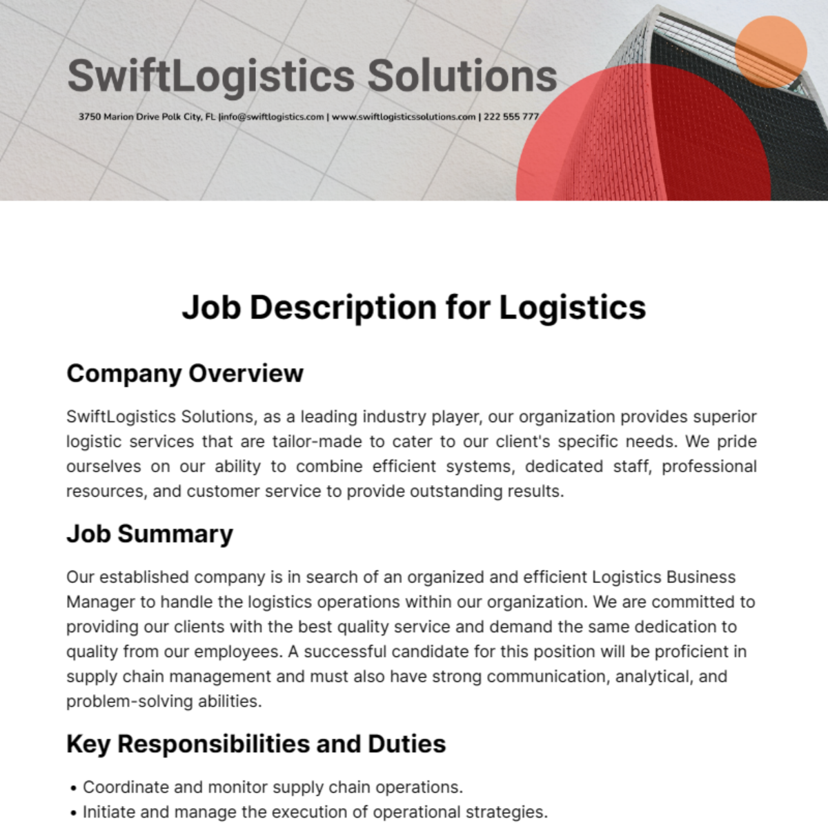 Job Description for Logistics Template