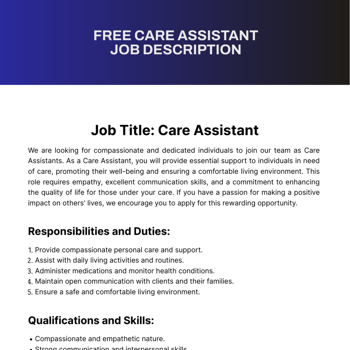 Care Assistant Job Description Template