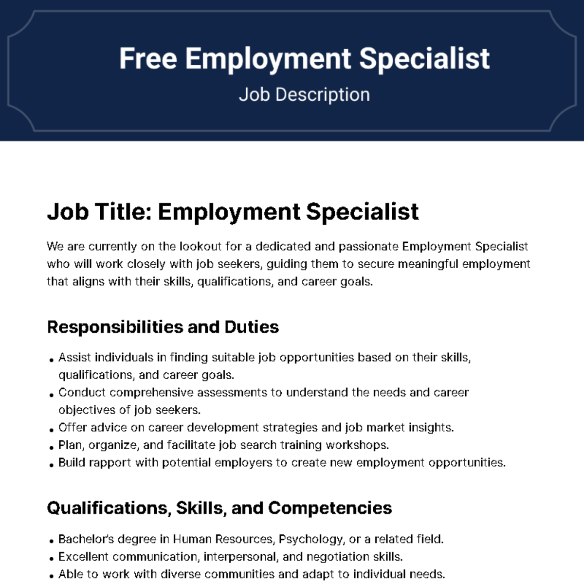 Employment Specialist Job Description Template