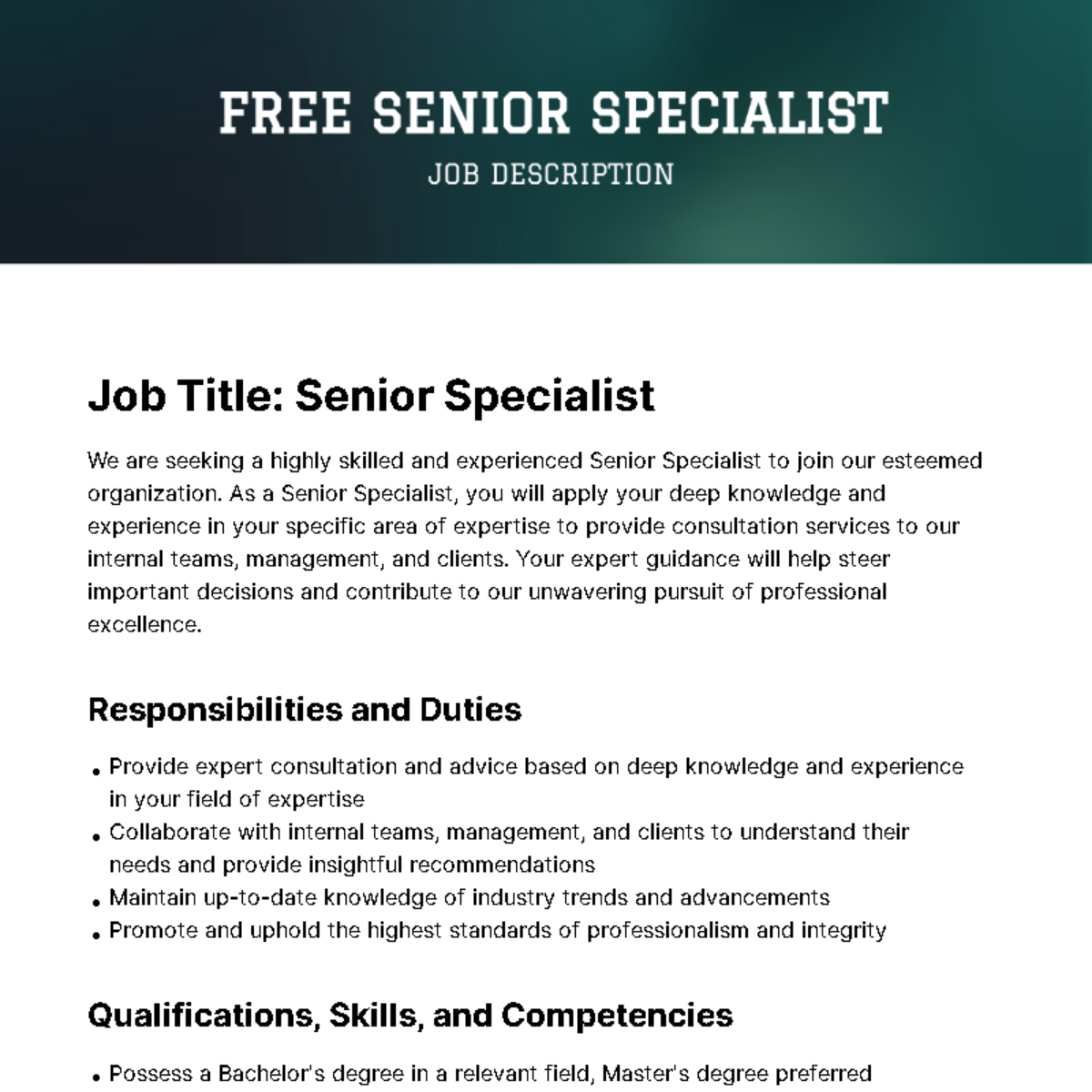 Senior Specialist Job Description Template