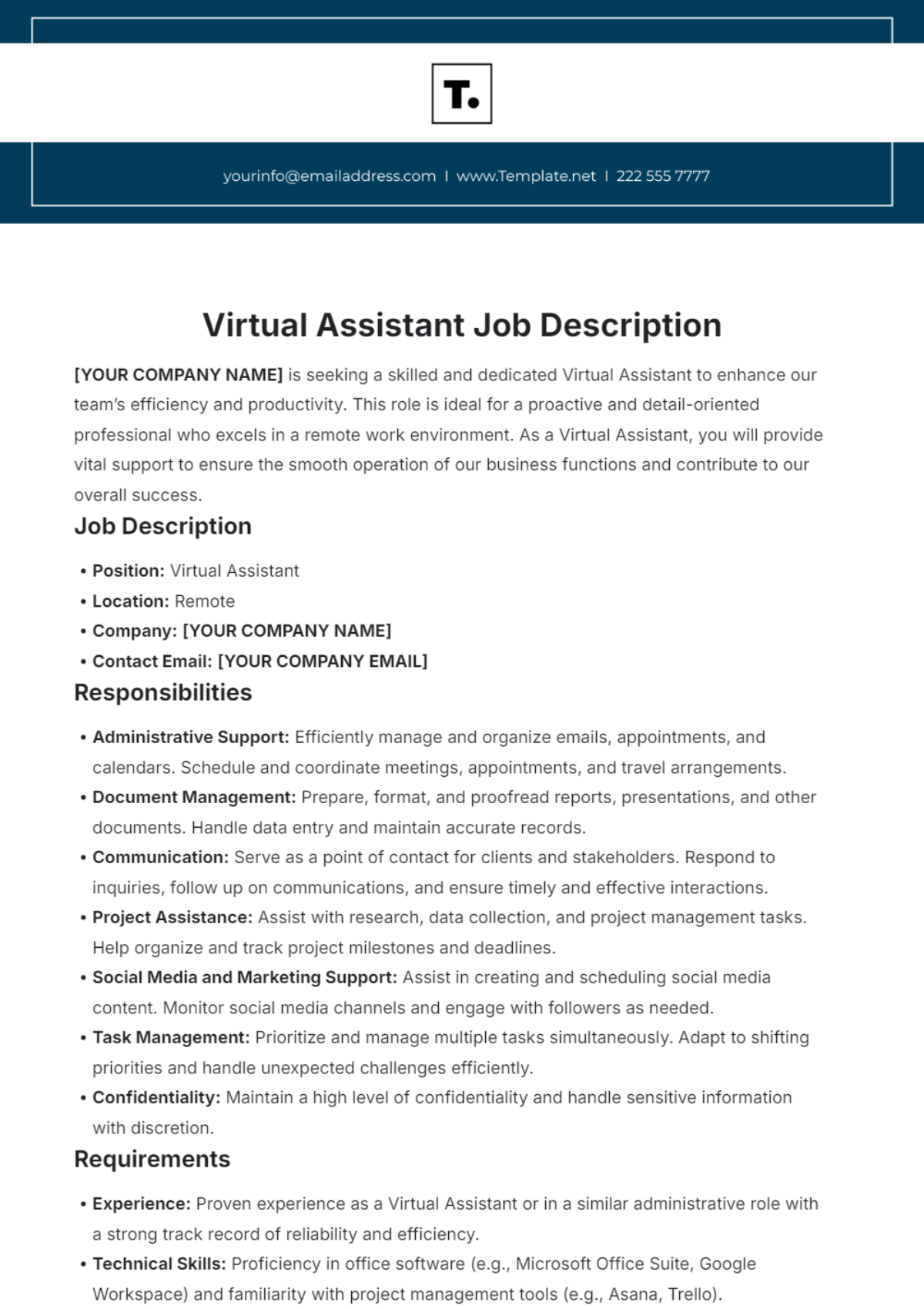 Virtual Assistant Job Description Template - Edit Online & Download