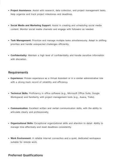 Free Virtual Assistant Job Description Template to Edit Online