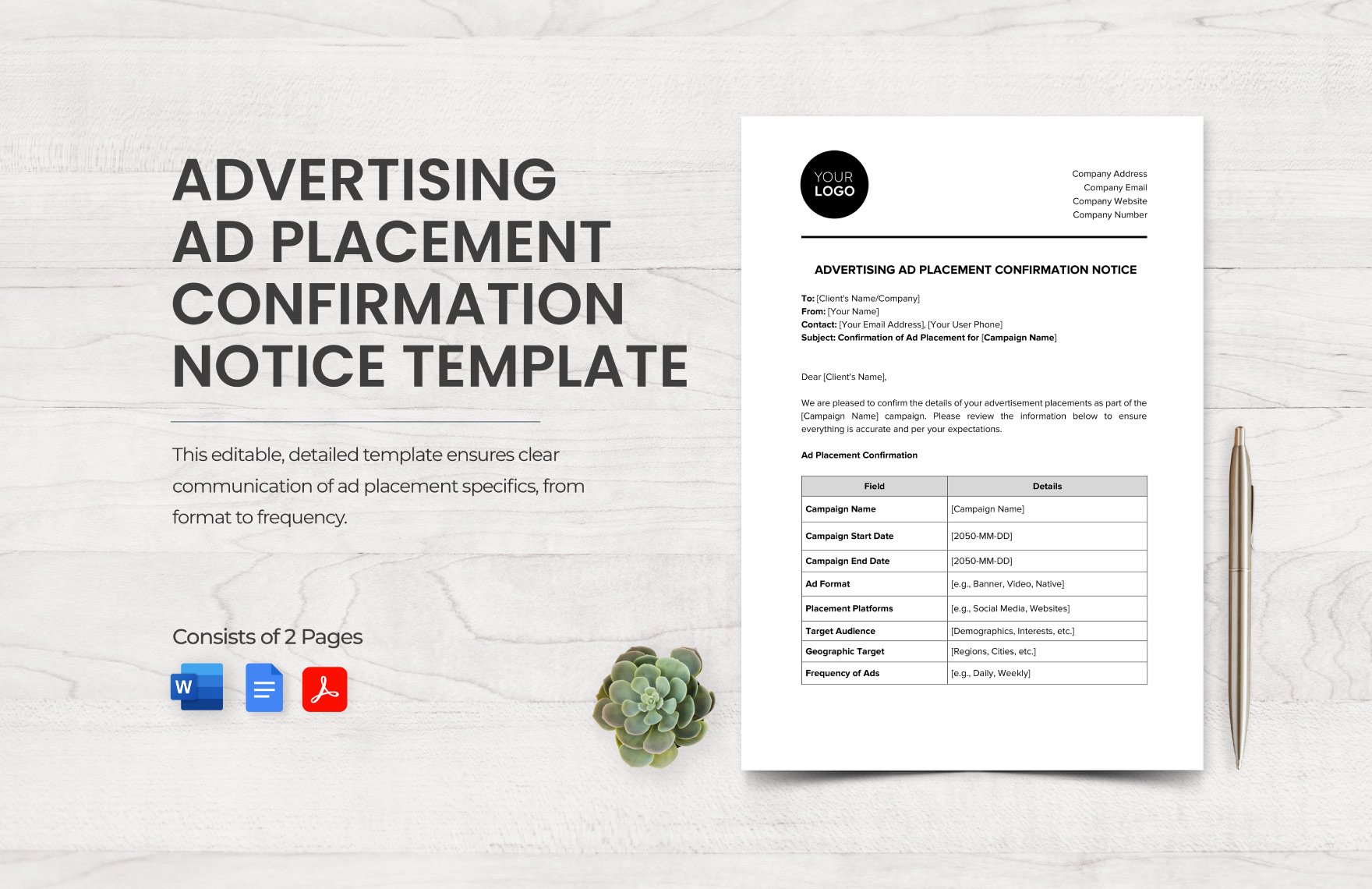 Advertising Ad Placement Confirmation Notice Template