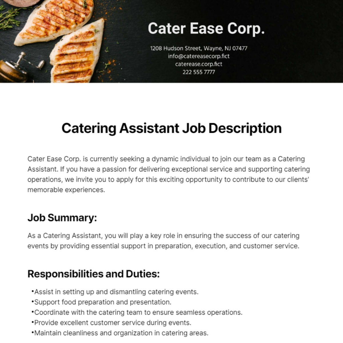 Catering Assistant Job Description Template