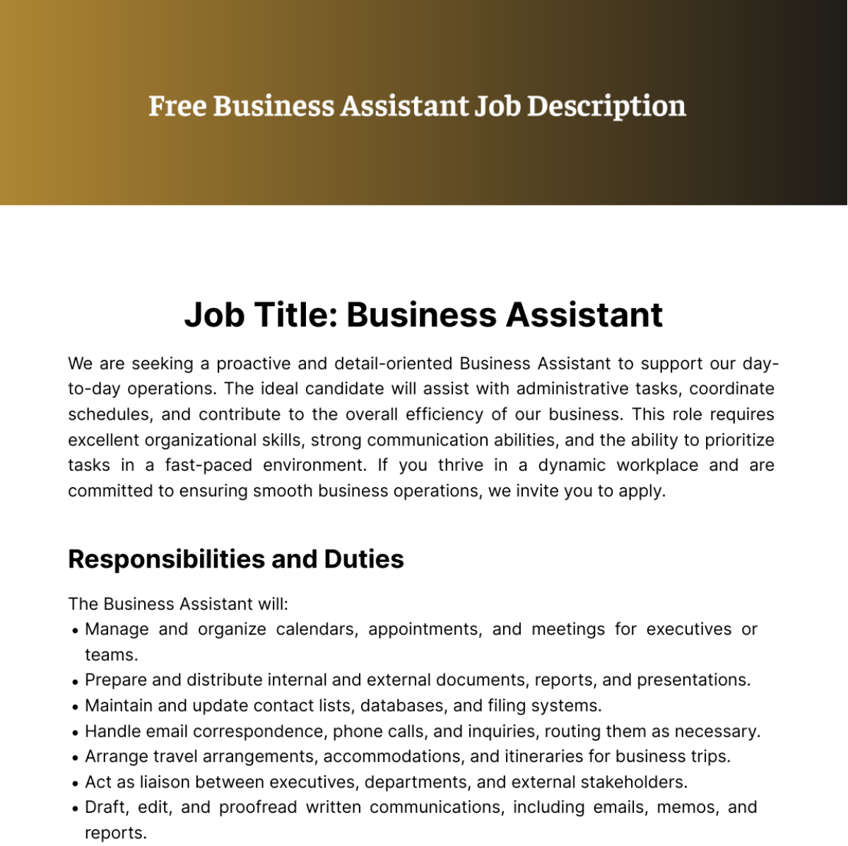 Business Assistant Job Description Template