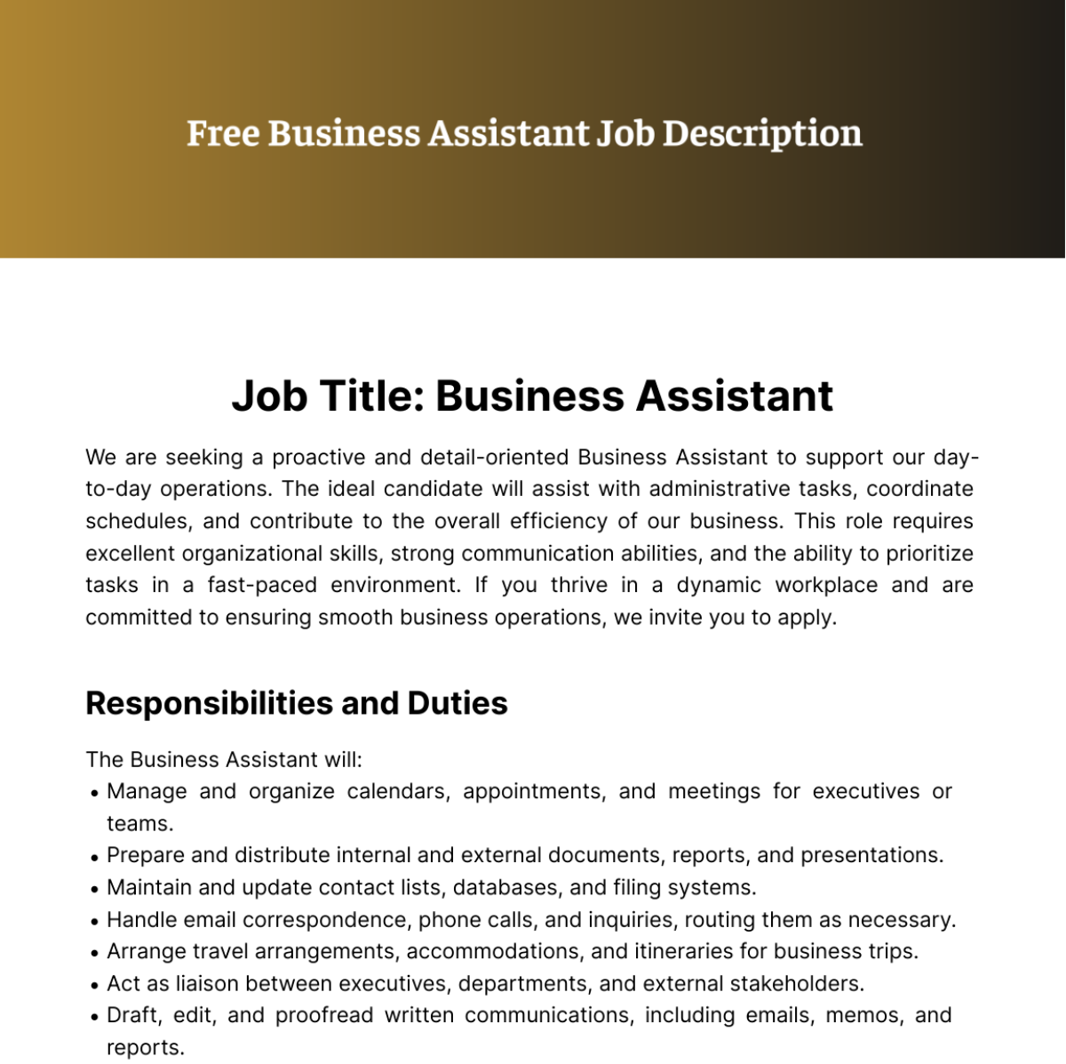 Business Assistant Job Description Template - Edit Online & Download