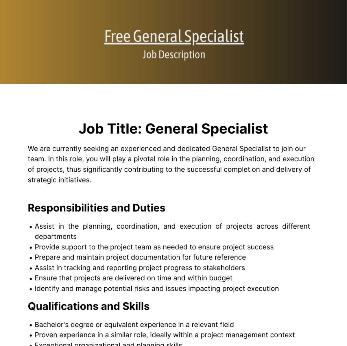 General Specialist Job Description Template