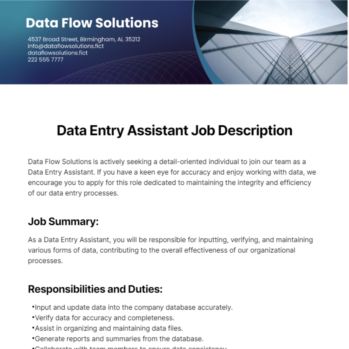 Data Entry Assistant Job Description Template