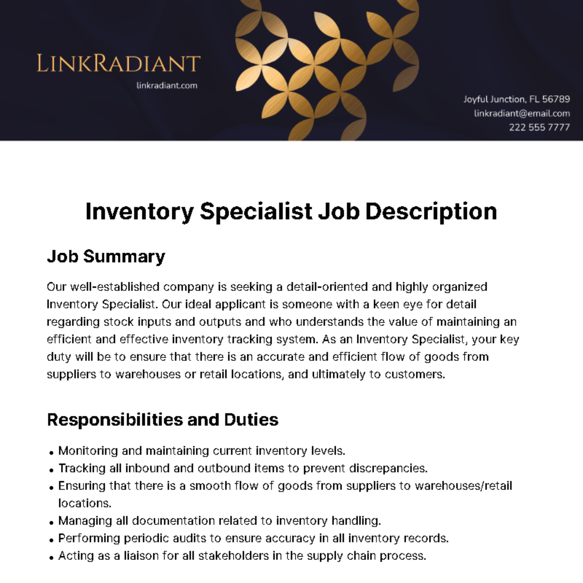 Inventory Specialist Job Description Template