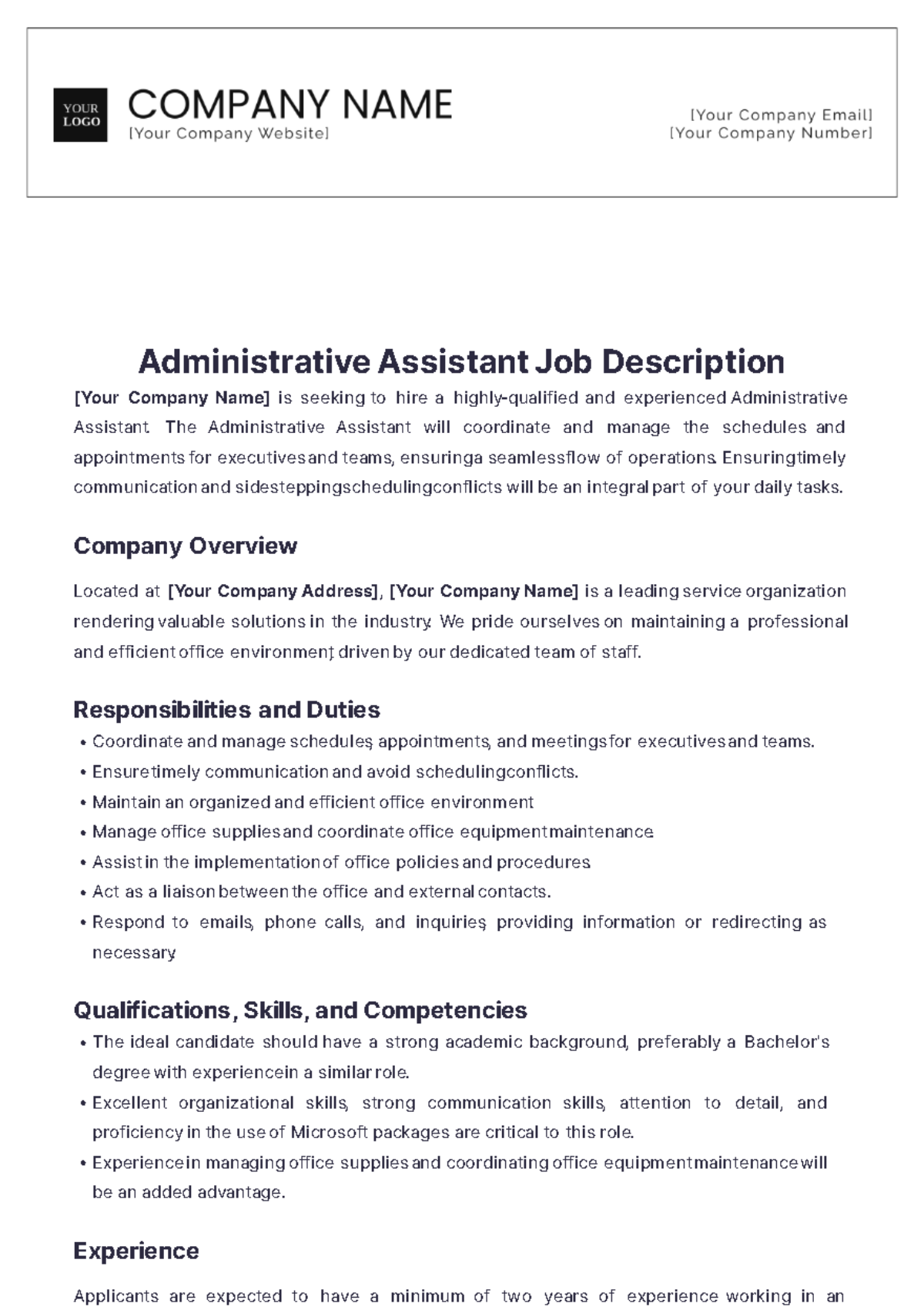 Administrative Assistant Job Description - Edit Online & Download