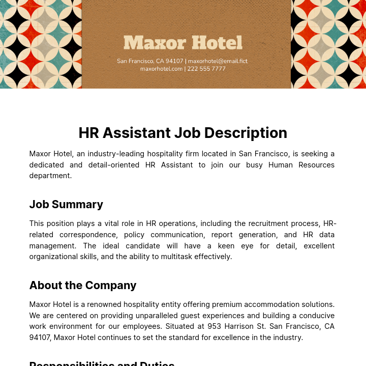 HR Assistant Job Description Template