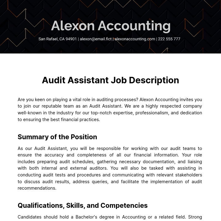 Audit Assistant Job Description Template