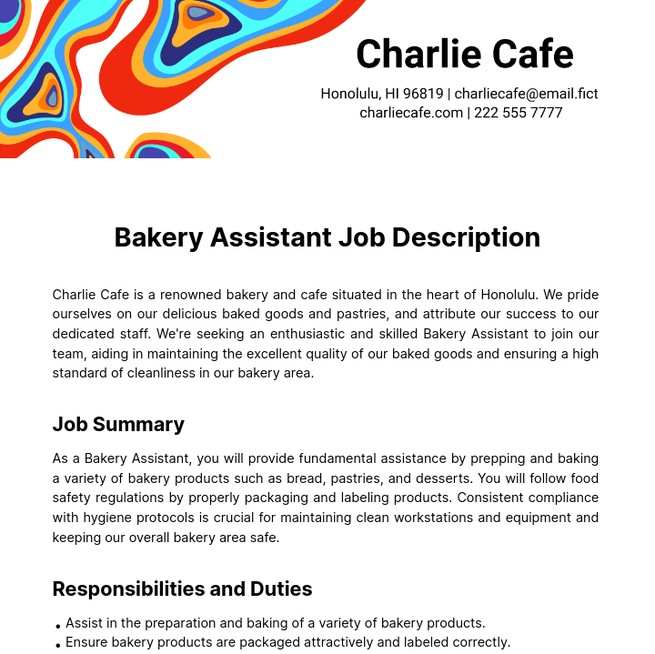 Bakery Assistant Job Description Template