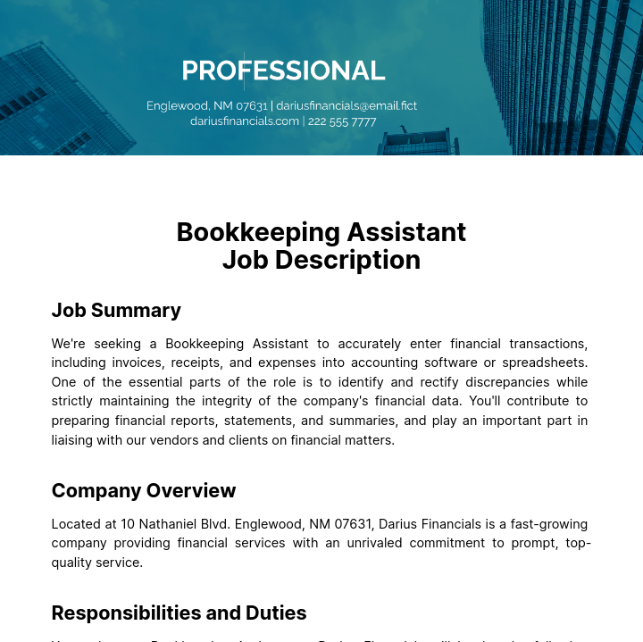 Bookkeeping Assistant Job Description Template