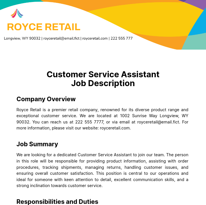 Customer Service Assistant Job Description Template