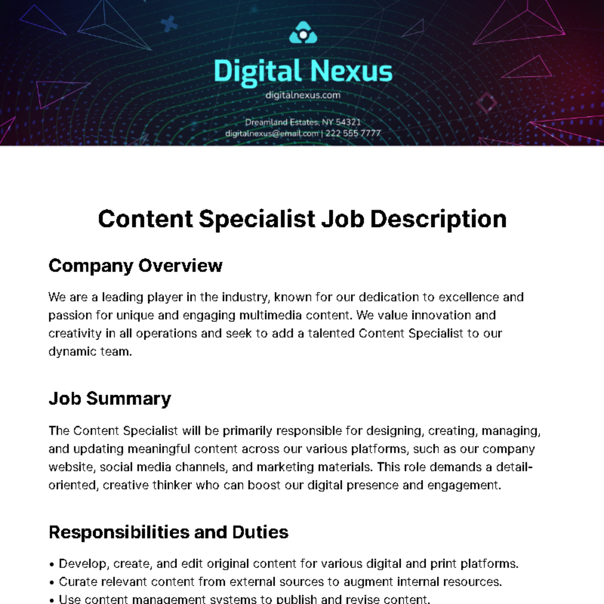 Content Specialist Job Description Template
