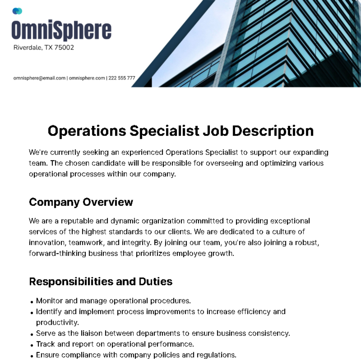 Operations Specialist Job Description Template