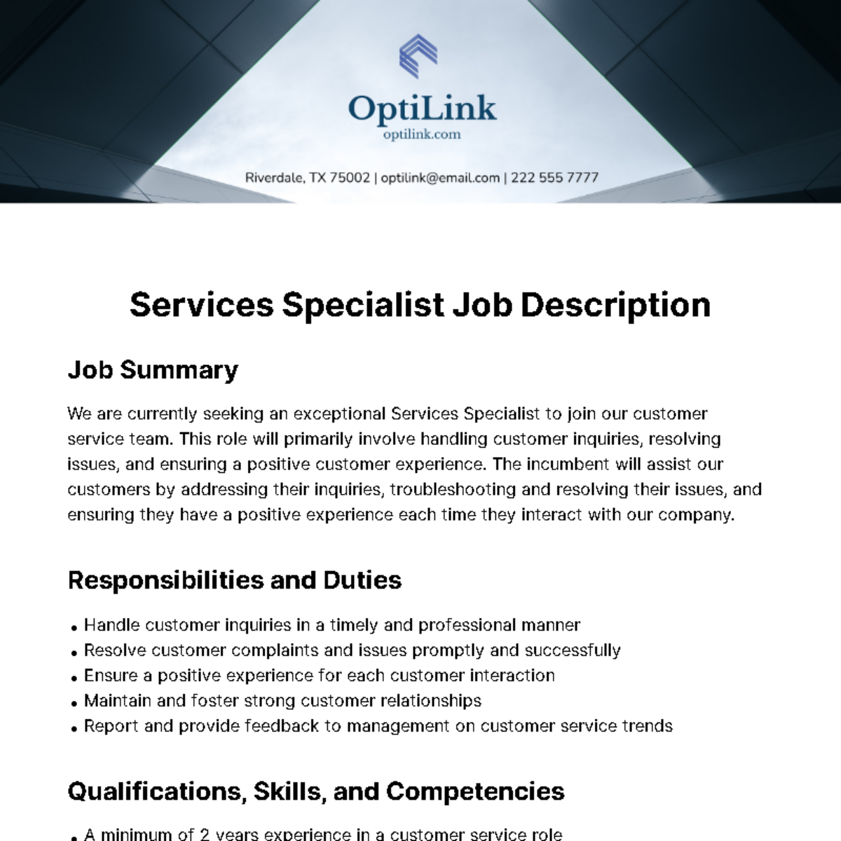 Services Specialist Job Description Template