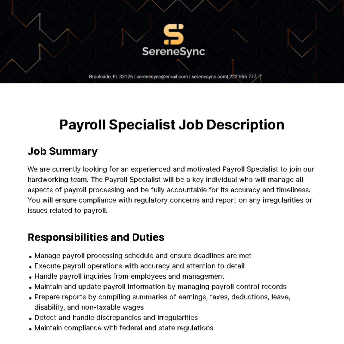 Payroll Specialist Job Description Template