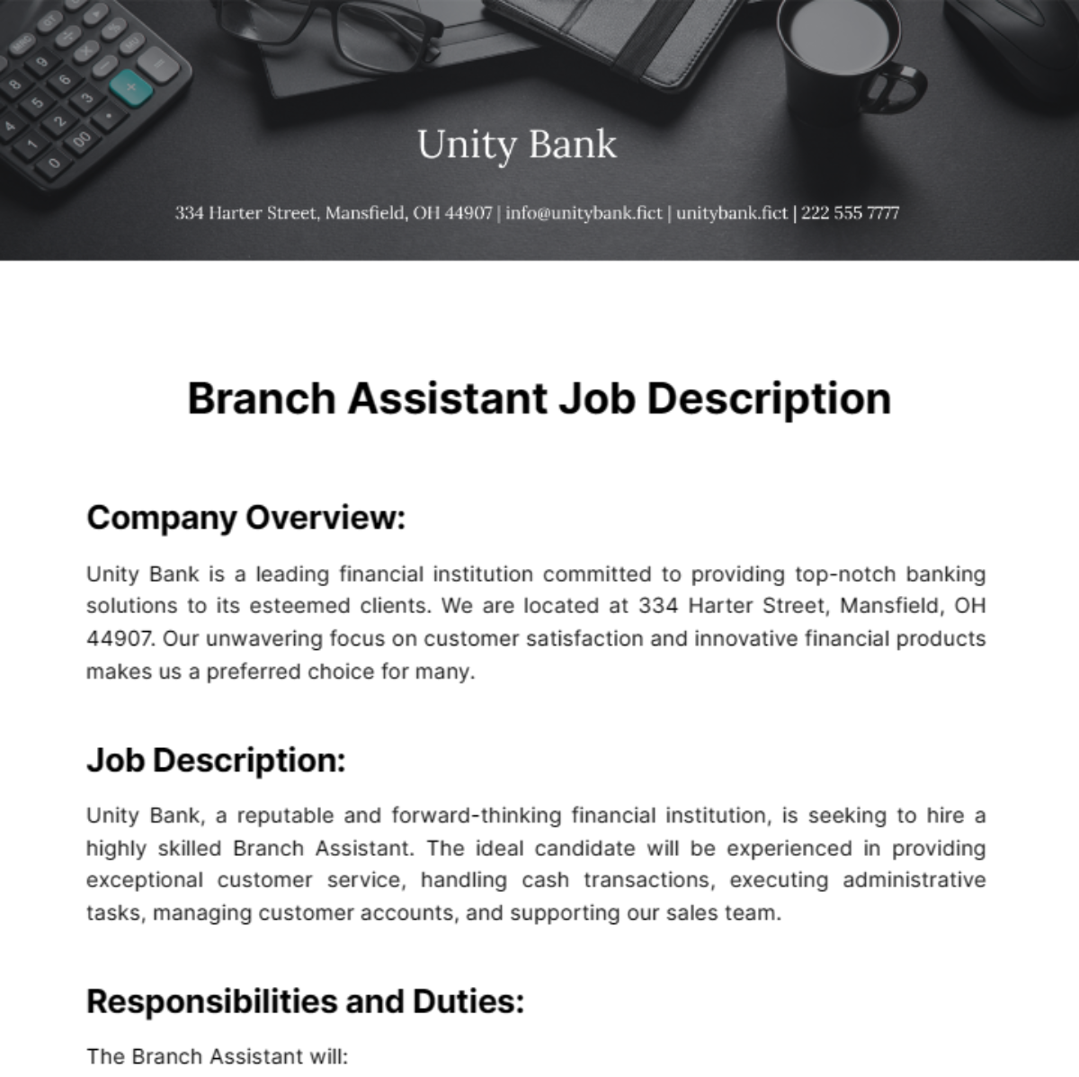Branch Assistant Job Description Template