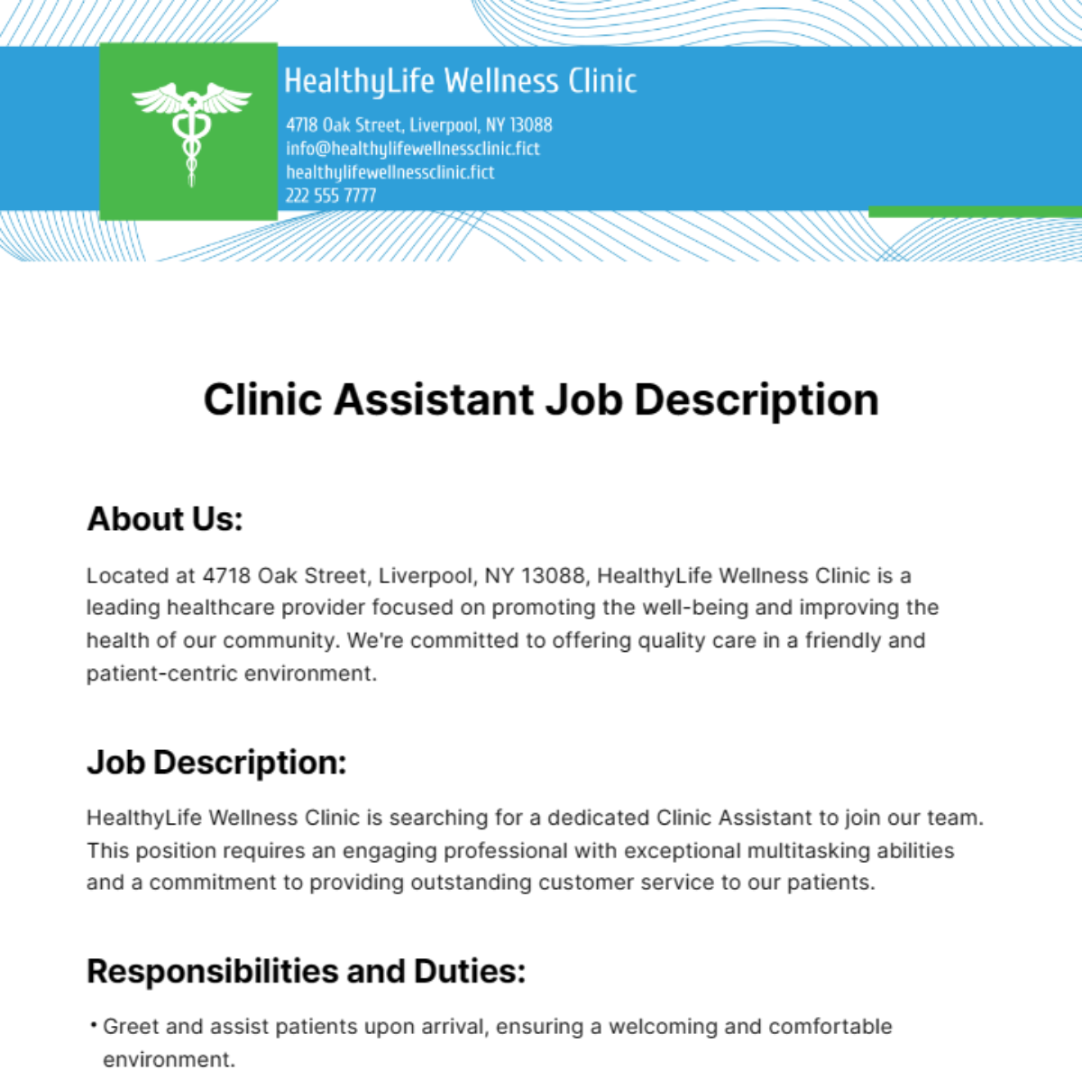 Clinic Assistant Job Description Template