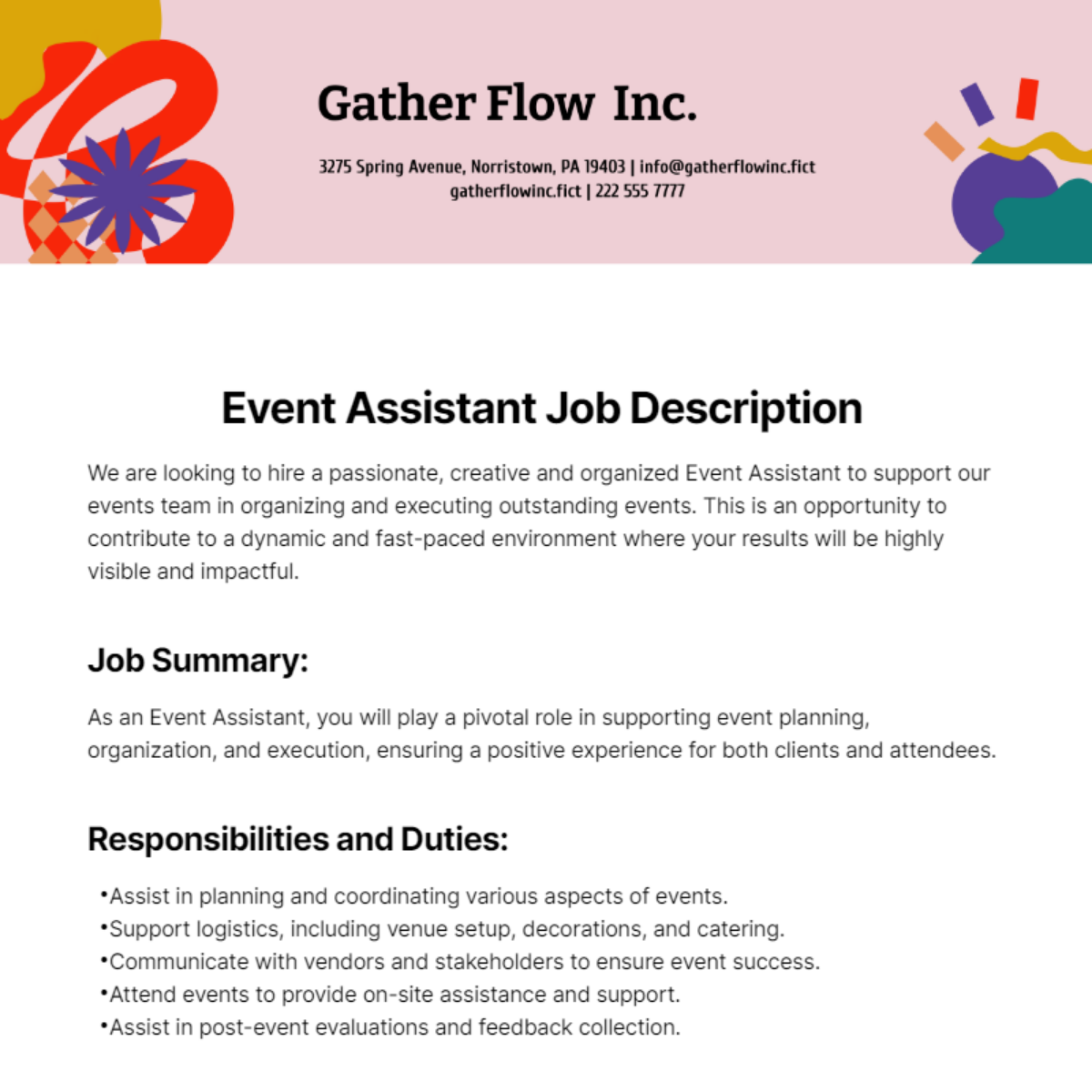 Event Assistant Job Description Template