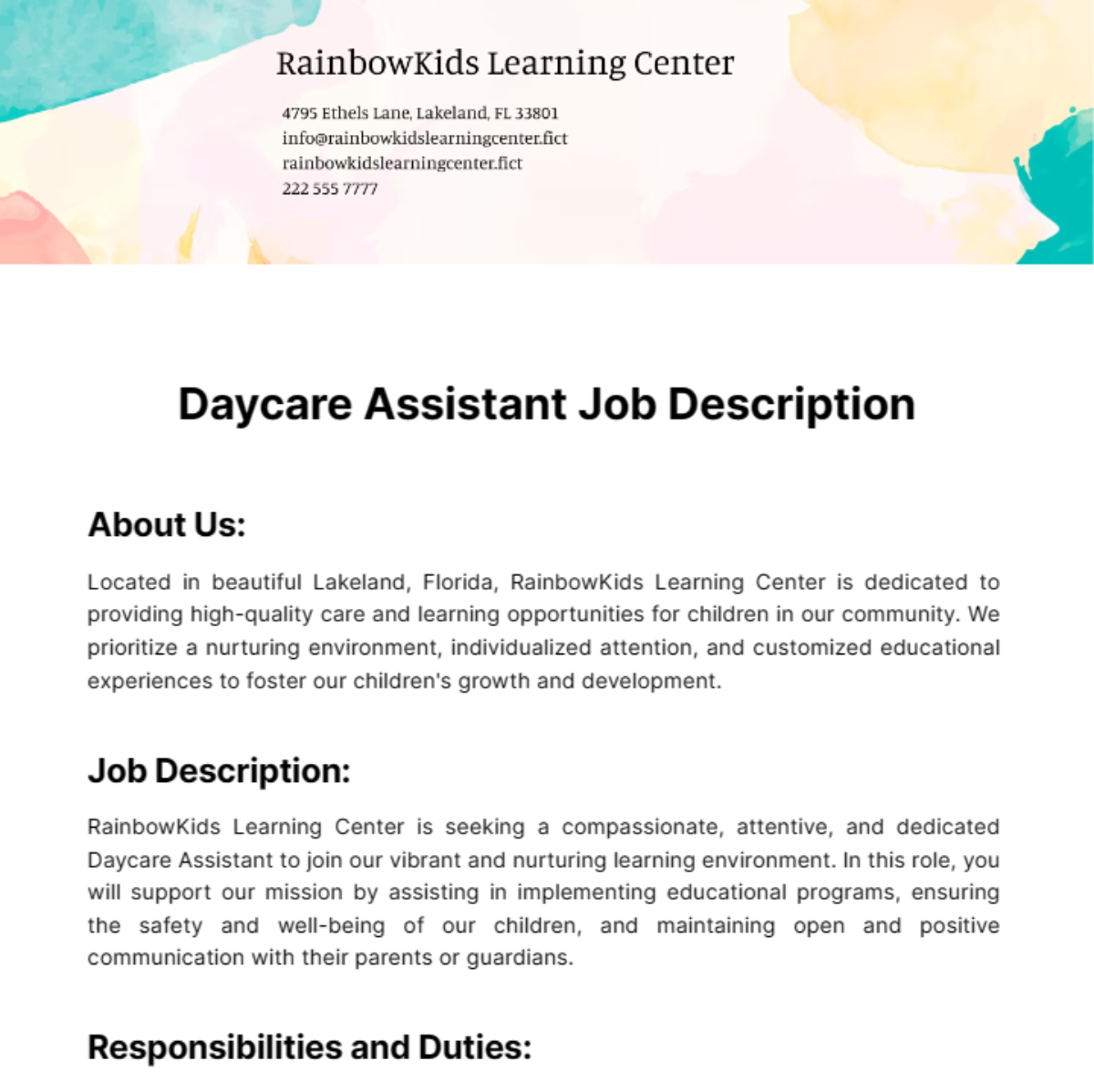 Daycare Assistant Job Description Template