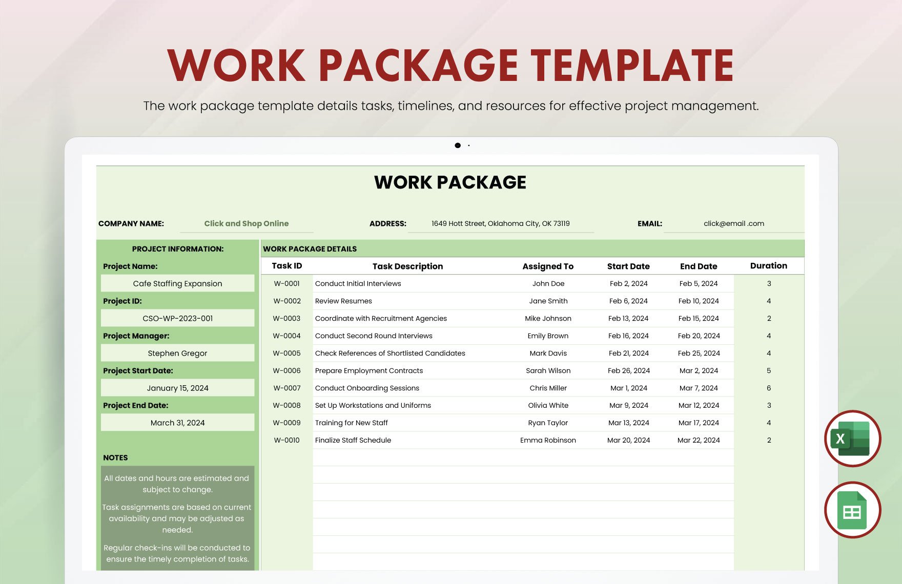 Work Package Template in Excel, Google Sheets