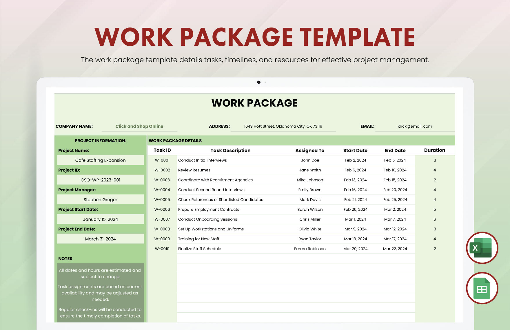 Work Package Template in Excel, Google Sheets - Download | Template.net