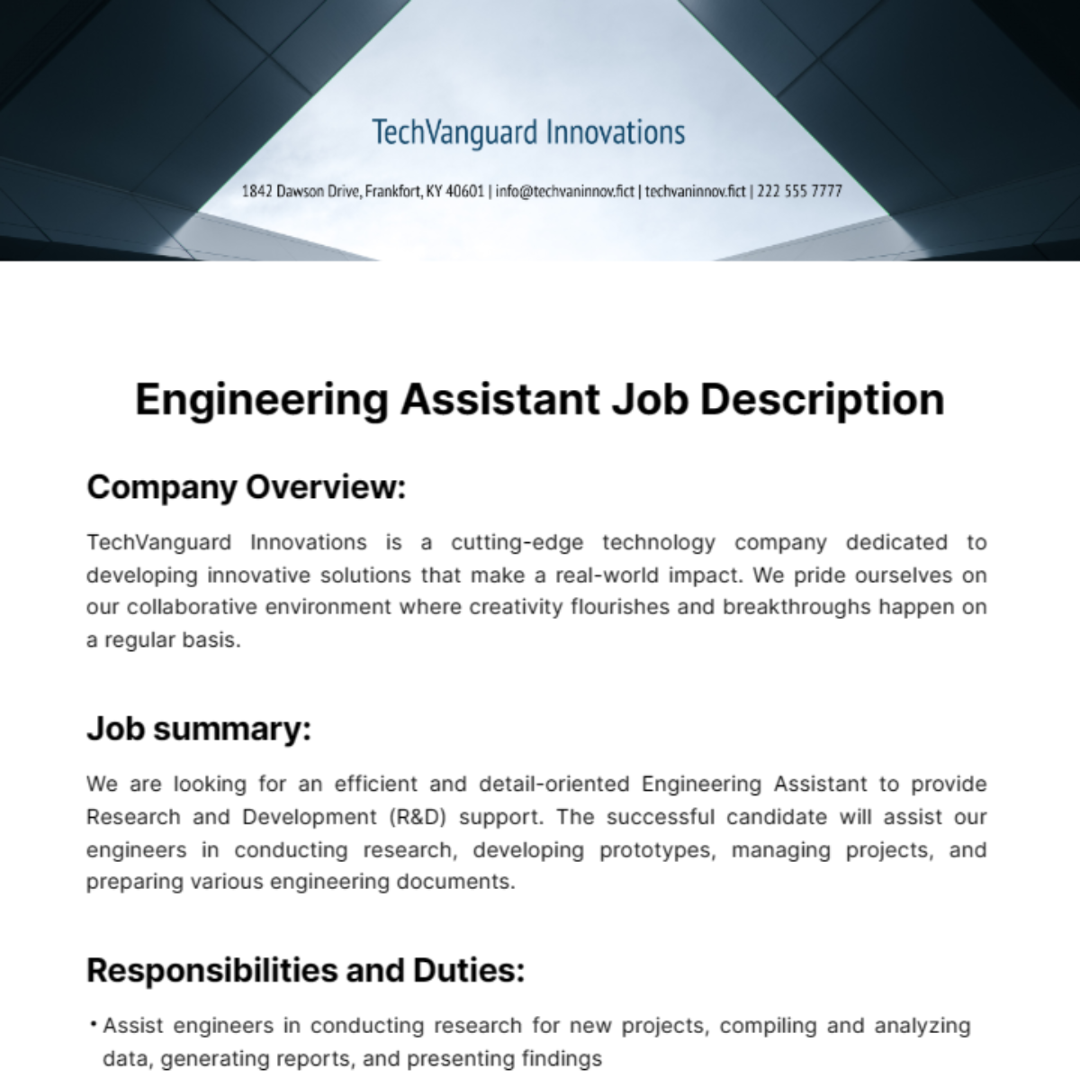 Engineering Assistant Job Description Template