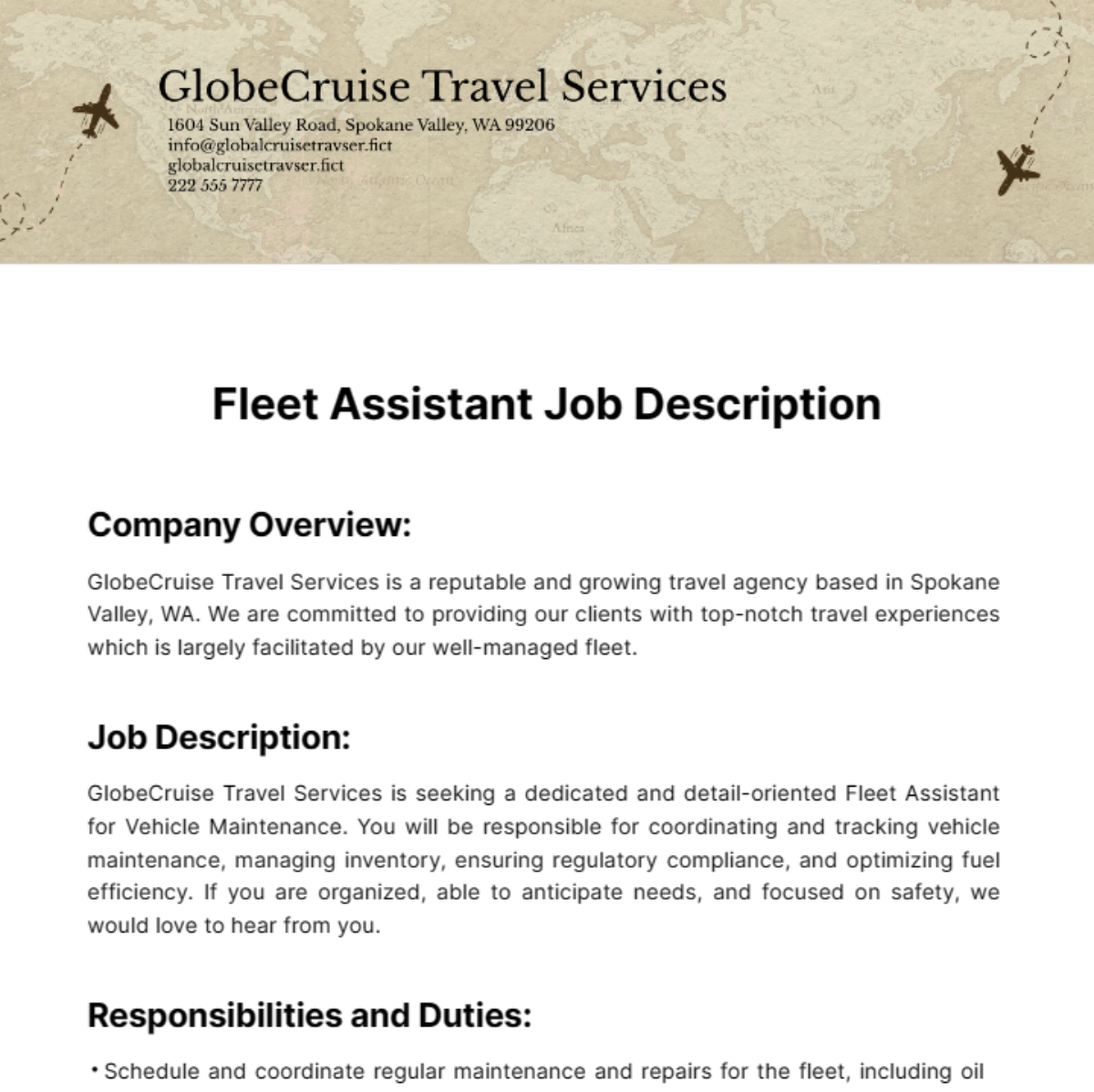 Fleet Assistant Job Description Template