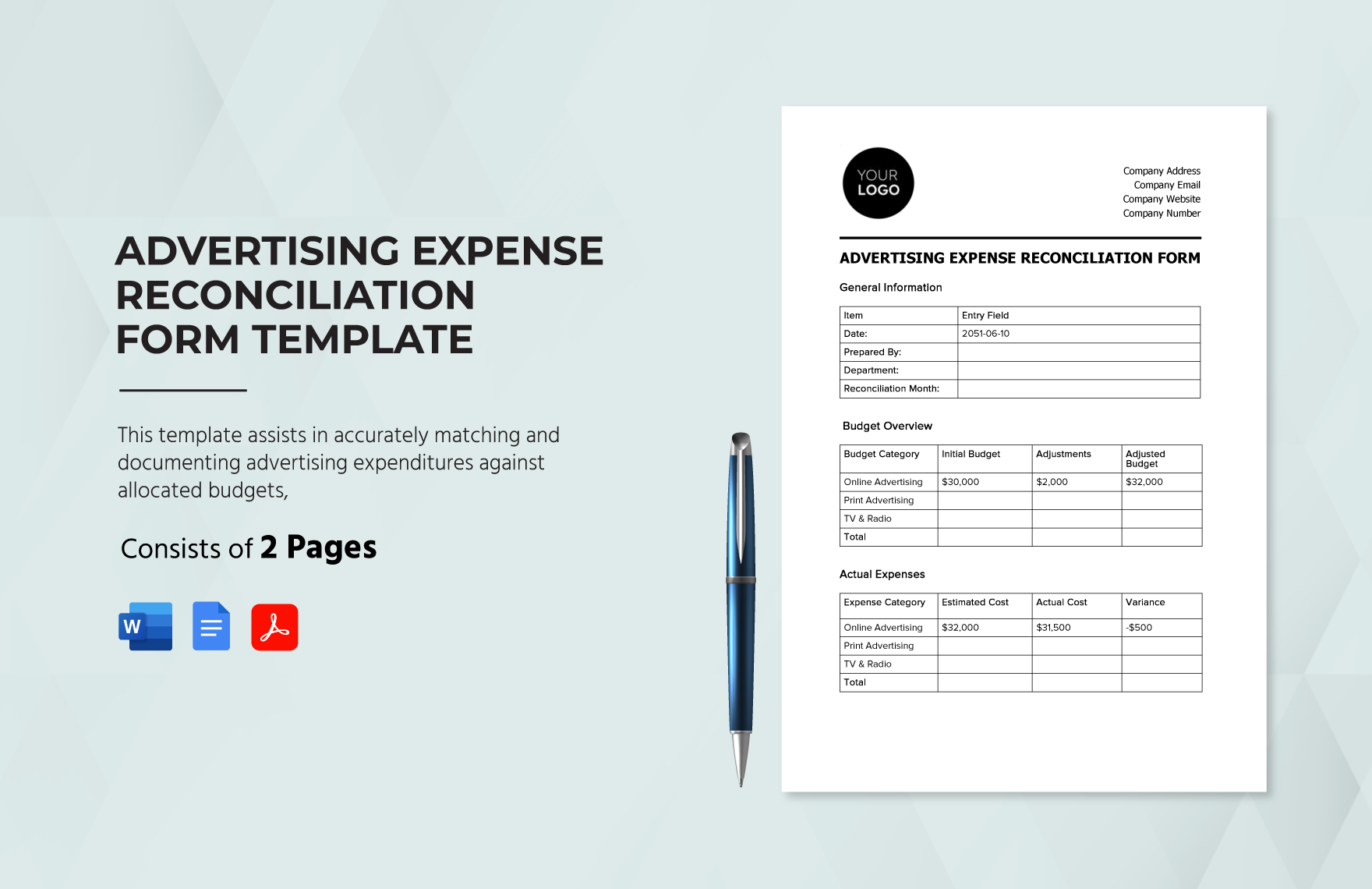 Advertising Expense Reconciliation Form Template in Word, Google Docs, PDF